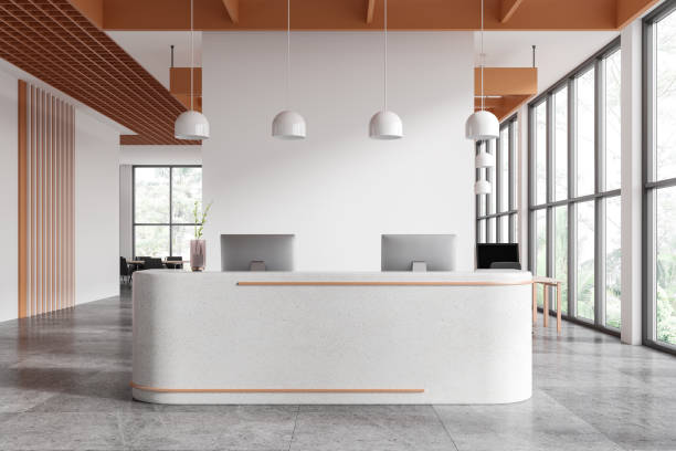istock Modern reception area with minimalist design and large windows. 3D Rendering 2175581400