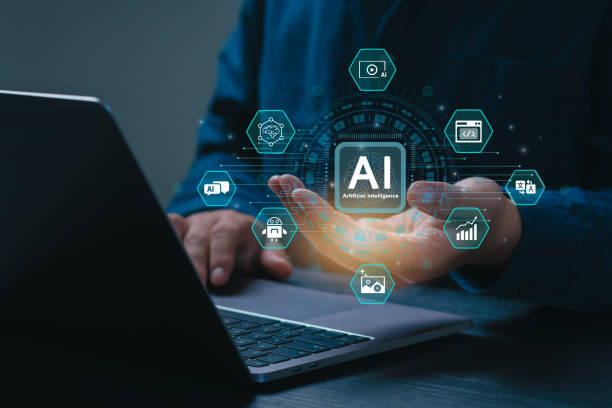 istock Artificial Intelligence Content Generator. A man uses a laptop to interact with AI assistant. AI offers functions like chatbot, generate images, write code, writer bot, translate and advertising. 2175581719
