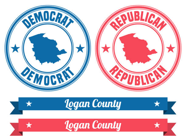 Logan County, West Virginia. Map on rubber stamp with banner Map of Logan County - West Virginia, on two blue and red rubber stamps. Two versions included in the bundle: - One blue stamp with the map in the middle and the word "Democrat" around. - One red stamp with the map in the middle and the word "Republican" around. And also two blue and red banners with the name of the county. Vector Illustration (EPS file, well layered and grouped). Easy to edit, manipulate, resize or colorize. Vector and Jpeg file of different sizes. logan west stock illustrations