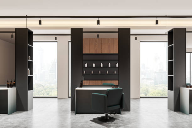 istock Modern salon interior with armchairs, accessories and panoramic window 2175581740