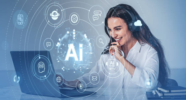 istock Woman with headset using laptop, surrounded by AI concept icons. 2175581809