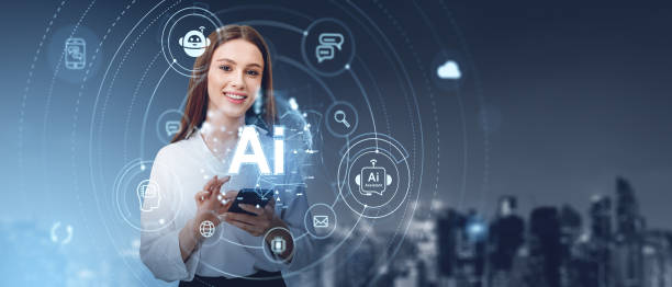 istock Woman using smartphone surrounded by AI icons on blue tech backg 2175581819
