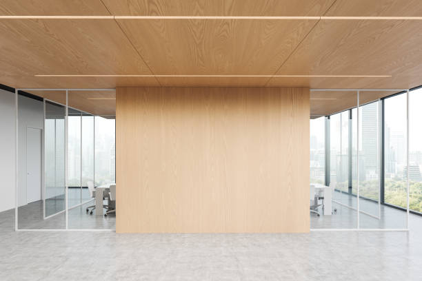 istock Modern office interior with blank wooden wall and glass partitions. 3D Rendering 2175581880