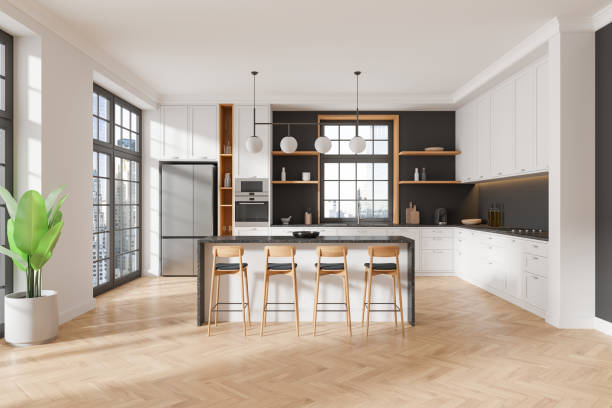 Modern kitchen interior with white cabinets and black accents. 3D Rendering