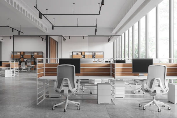 istock Stylish business room interior with coworking and conference zone, window 2175582004