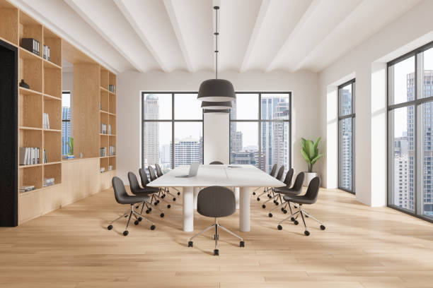 istock Modern business room interior with meeting table and chairs, panoramic window 2175582013