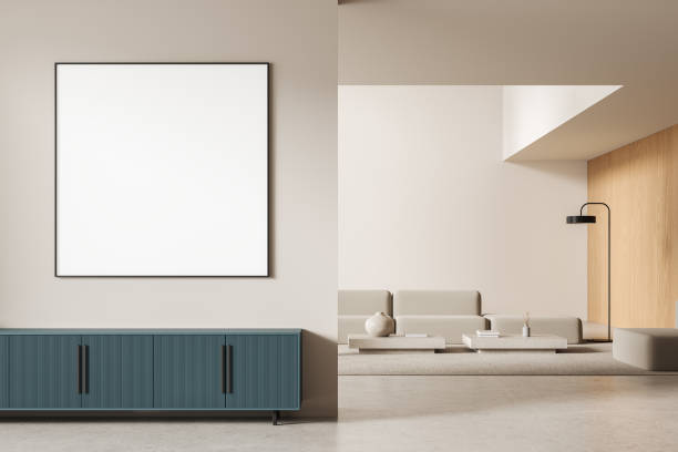istock Minimalist living room with blank framed poster on the wall. 3D Rendering 2175582251