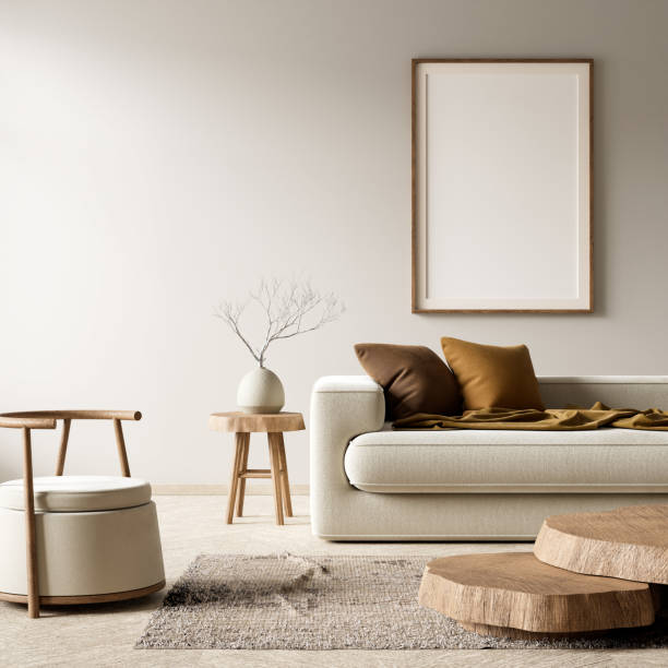 istock Mock up poster frame in boho style decorated livinig room. Light modern Interior design of living room with wooden furnitures. 3D illustration 2175582887