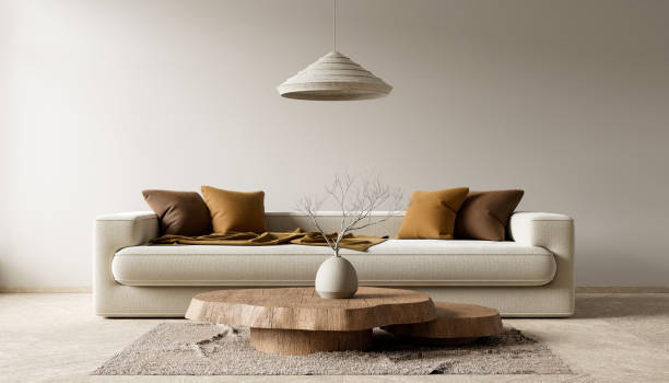 istock Empty wall mock up in boho style decorated livinig room. Light modern Interior design of living room with wooden furnitures. 3D illustration 2175582890