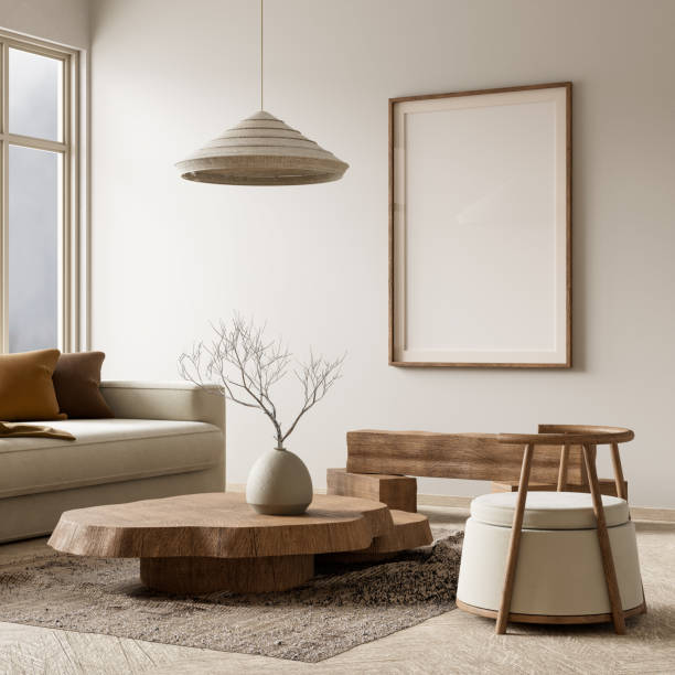 istock Mock up poster frame in boho style decorated livinig room. Light modern Interior design of living room with wooden furnitures. 3D illustration 2175582903