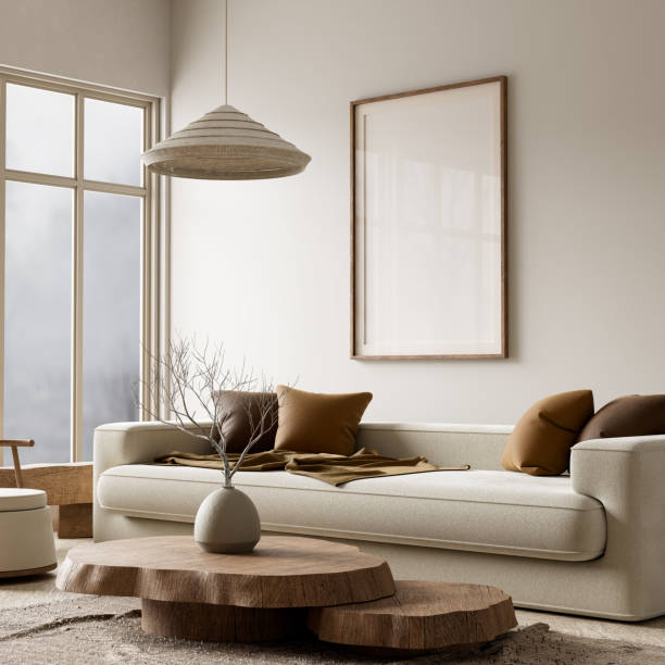 istock Mock up poster frame in boho style decorated livinig room. Light modern Interior design of living room with wooden furnitures. 3D illustration 2175582904