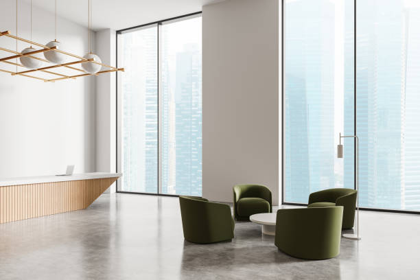 istock Modern office lobby with green chairs and city view. 3D Rendering 2175584557