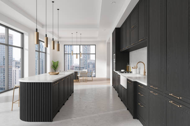 istock Luxury home kitchen interior with bar island, dinner table and panoramic window 2175584610