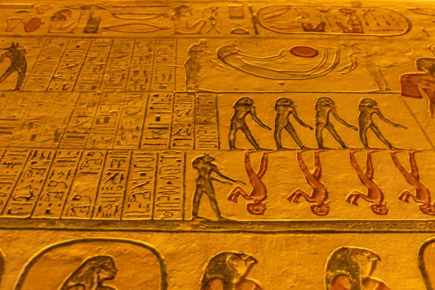 Luxor, Egypt; January 16, 2024: The secrets hidden in the ancient hieroglyphic texts that adorn the tombs of the Egyptian pharaohs in the Valley of the Kings near Luxor.