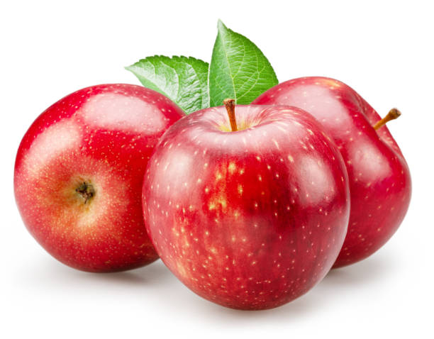 istock Ripe red apples with green apple leaves on white background. File contains clipping path. 2175589643
