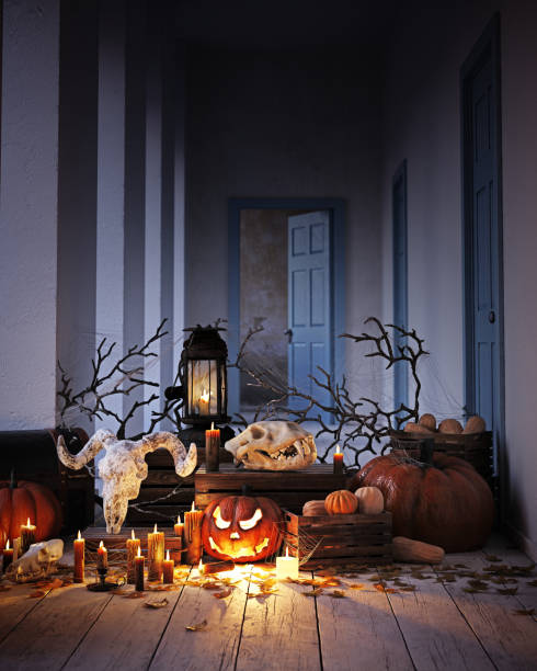 istock Spooky Halloween scene with skulls, pumpkins, 2175593657