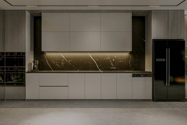 istock Modern Minimalist Kitchen with Black Marble Backsplash and Sleek Appliances 2175598143
