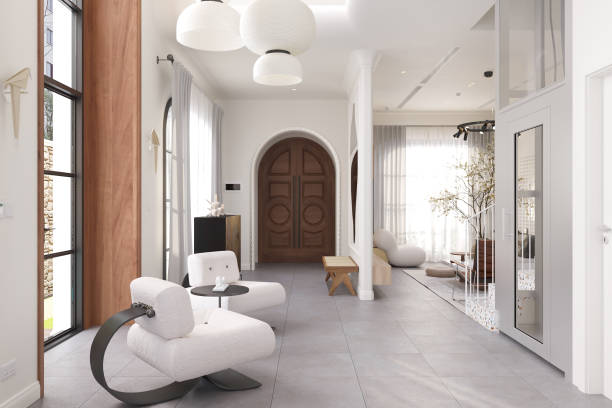 istock Bright and Airy Modern Interior with Elegant Wooden Double Doors and Stylish Lounge Chairs 2175599306