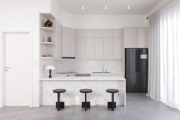 istock Minimalist Modern Kitchen with Terrazzo Countertop and Black Appliances 2175599430