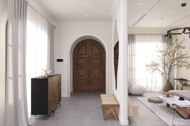 istock Modern Minimalist Entryway with Elegant Wooden Double Doors and Bright Living Space 2175599507