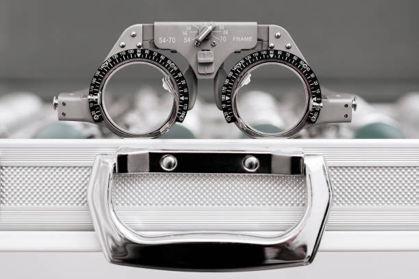 istock A vision measuring instrument with a trial frame used by optometrists for vision testing and eyewear selection. 2175600815