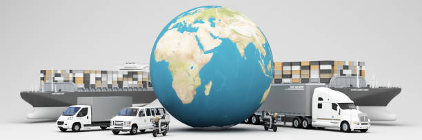 istock A global logistics concept featuring cargo ships, trucks, vans, and motorcycles surrounding a large globe, international shipping, delivery, and transportation services for worldwide. 3d rendering 2175601750