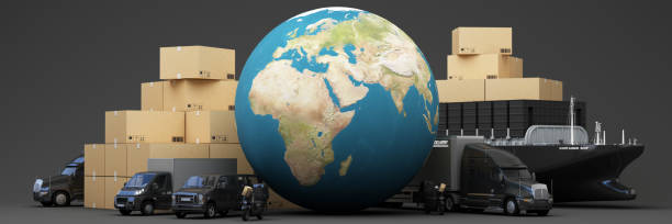 A global logistics concept featuring cargo ships, trucks, vans, and motorcycles surrounding a large globe, international shipping, delivery, and transportation services for worldwide. 3d rendering