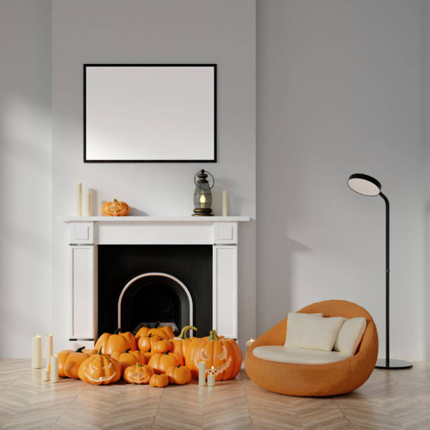 istock Warm Halloween Fireplace with Pumpkins and Candles 3D Render 2175607412