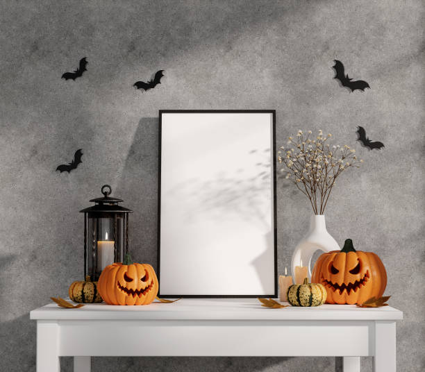 istock Elegant Halloween Table Decor with Jack-O-Lanterns and Bats 3D Render 2175607508