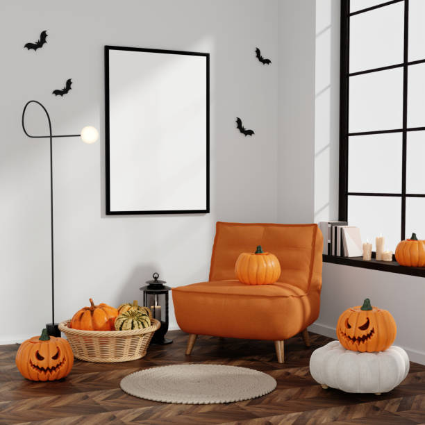 istock Cozy Halloween Reading Nook with Pumpkins and Lantern 3D Render 2175607519