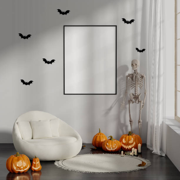 istock Whimsical Halloween Room with Skeleton and Pumpkins 3D Render 2175607589
