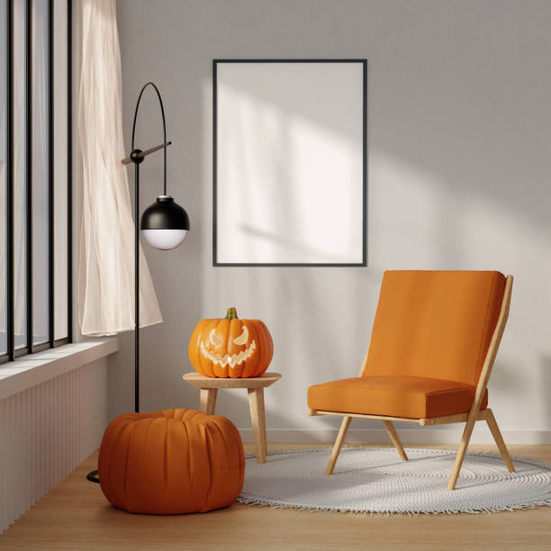 istock Cozy Halloween Reading Nook with Jack-O-Lantern Chair 3D Render 2175607597