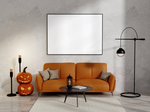 istock Modern Halloween Living Room with Orange Sofa and Pumpkins 3D Render. 2175607702