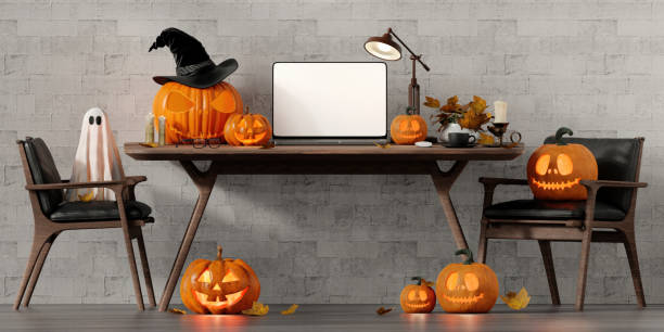 Halloween-Themed Home Office with Pumpkins and Ghosts 3D Render.