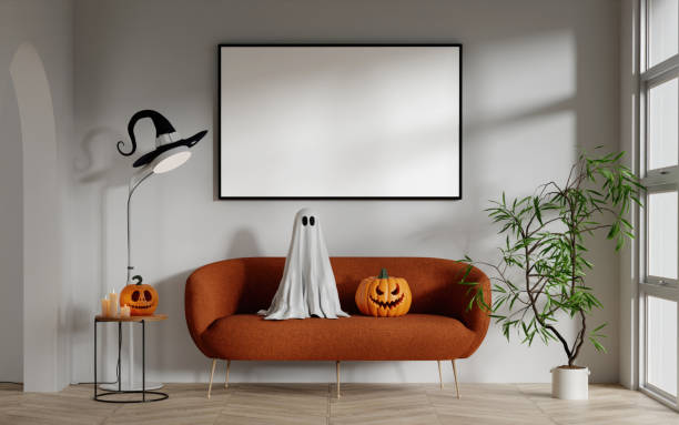 istock Modern Halloween Living Room with Ghost and Pumpkins 3D Render 2175607721