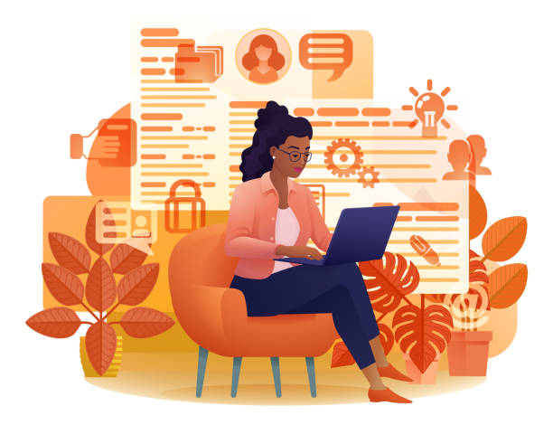 Woman Laptop Recruitment Job Search Online Cartoon Woman, person, remote working on laptop computer writing document possibly a resume or cv for online internet job search application recruitment agency website cartoon illustration. cartoon of a searching stock illustrations