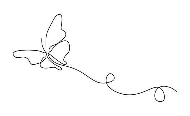 eine fortlaufende strichzeichnung eines fliegenden schmetterlings auf isoliertem transparentem hintergrund. - butterfly art stock-grafiken, -clipart, -cartoons und -symbole