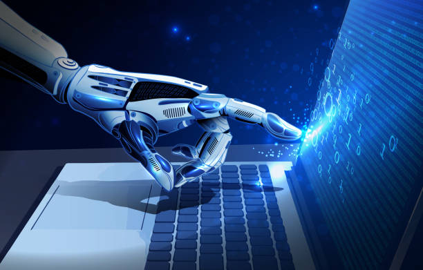 Robot's Hand Typing on Keyboard Artificial intelligence AI, and machine learning concept. (Used clipping mask) typing on computer keyboard stock illustrations