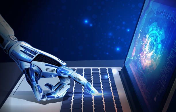 Robot's Hand Typing on Keyboard Robot hand typing on the laptop keyboard. (Used clipping mask) typing on computer keyboard stock illustrations