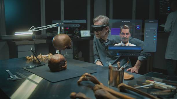 istock Archaeologist in VR headset conducts scientific research using virtual display with AI assistant 2175617642