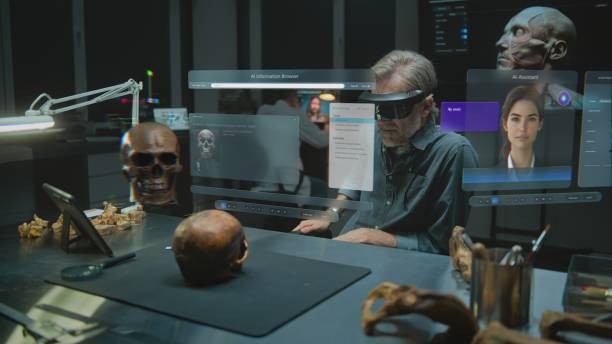 istock Archaeologist in VR headset conducts historical research using AI assistant and web browser in AR 2175618658