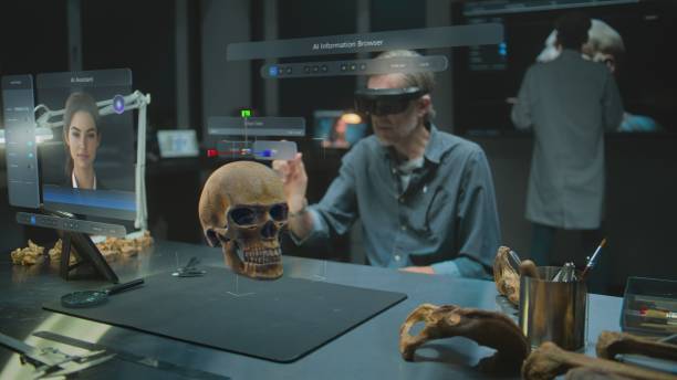 istock Archaeologist in VR headset studies fossil skull using augmented reality and AI assistant 2175619442