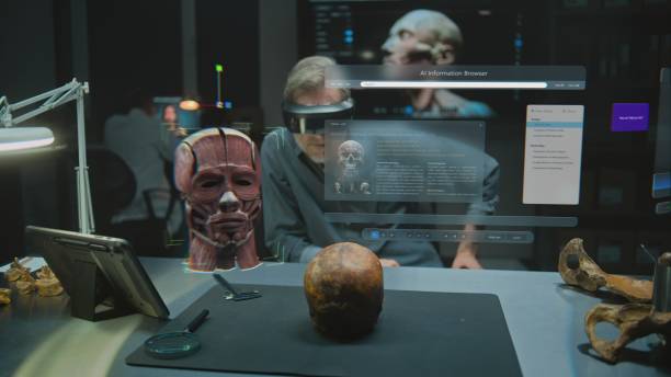 istock Archaeologist in VR headset conducts historical research using AI assistant and web browser in AR 2175621210
