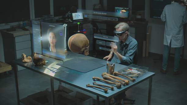 istock Archaeologist in VR headset studies fossil skull using virtual display with AI assistant 2175621528
