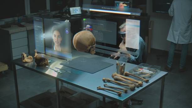 istock Archaeologist in VR headset studies fossil skull using virtual display with AI assistant 2175621623