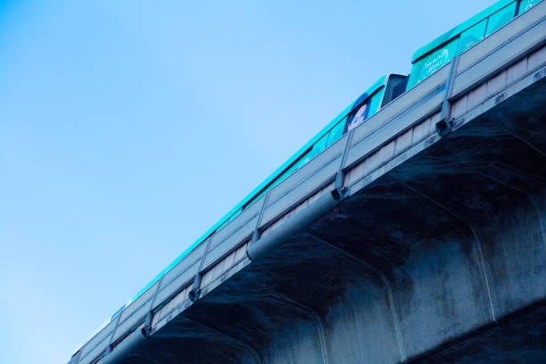 BTS skytrain on curve of elevated train bridge leaving Victory Monument onto street Phahonyothin Road and destination Chatuchak Mochit in northern uptown