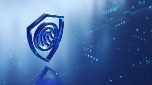 istock Personal data safety and secure authentication concept. Fingerprint 3d icon on the glossy futuristic surface with abstract glowing dots and lines 2175638007
