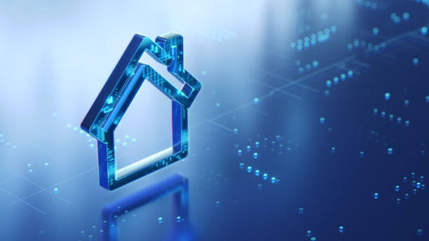 istock Home 3d icon on the glossy futuristic surface with abstract glowing dots and lines 2175649866