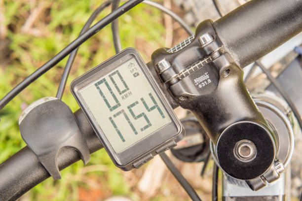 istock Black mountain bike handlebar with wireless bike computer close-up 2175650743