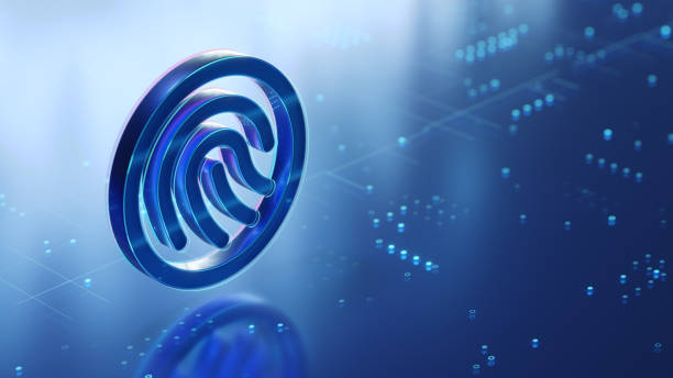 istock Digital authentication and biometrics concept. Fingerprint 3d icon on the glossy futuristic surface with abstract glowing dots and lines 2175653821